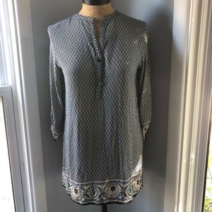 Navy Pleated-Front V-Neck Blouse Roll-Tab Sleeve